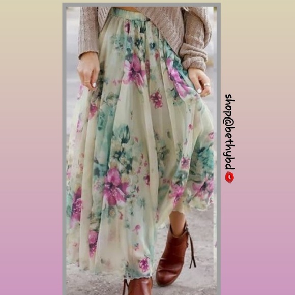🎁CCO🎁5🌟rated Boho Water Color Floral Maxi Skirt - Picture 2 of 3